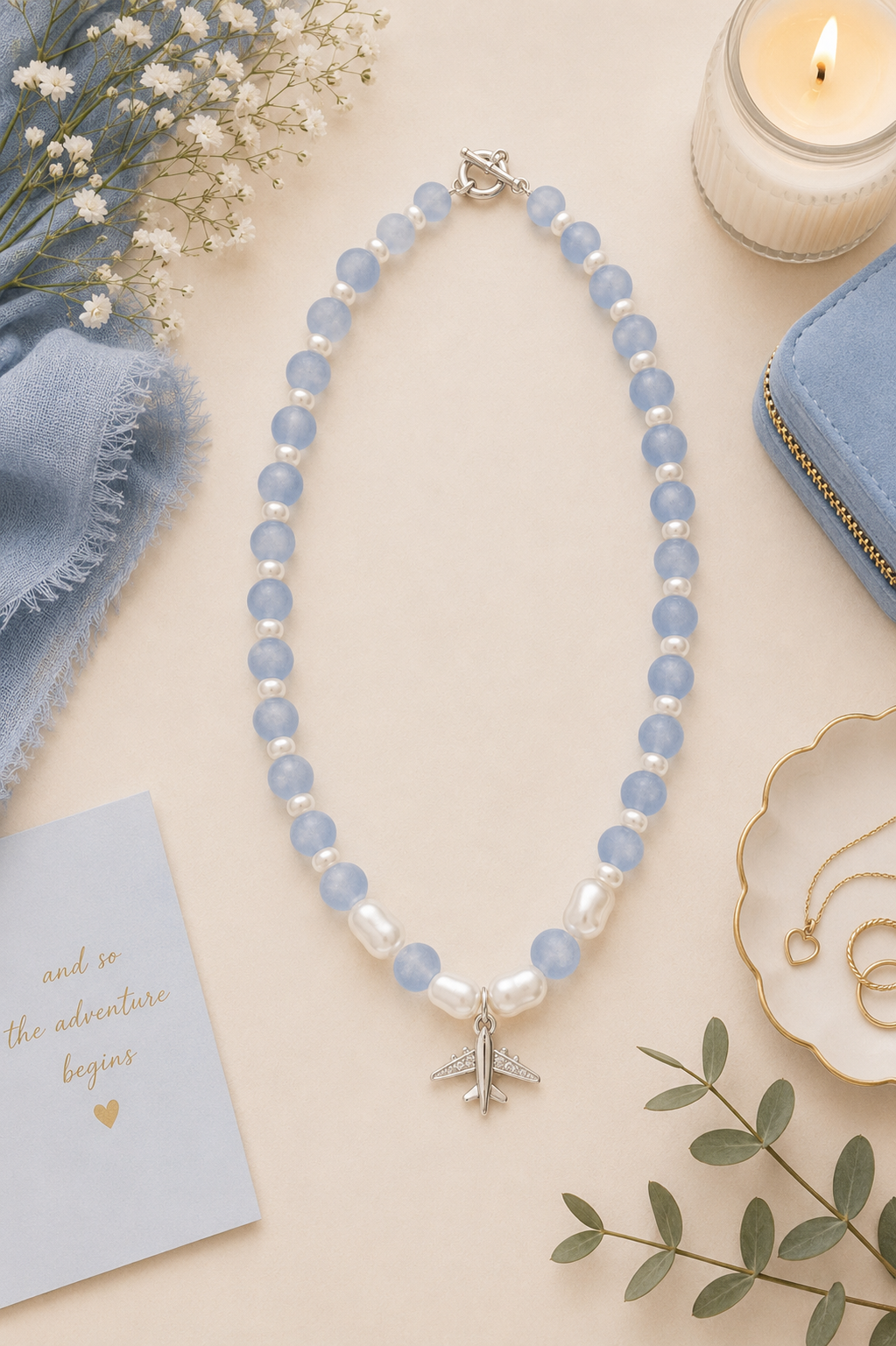 Blue/Pearl Airplane Charm Necklace