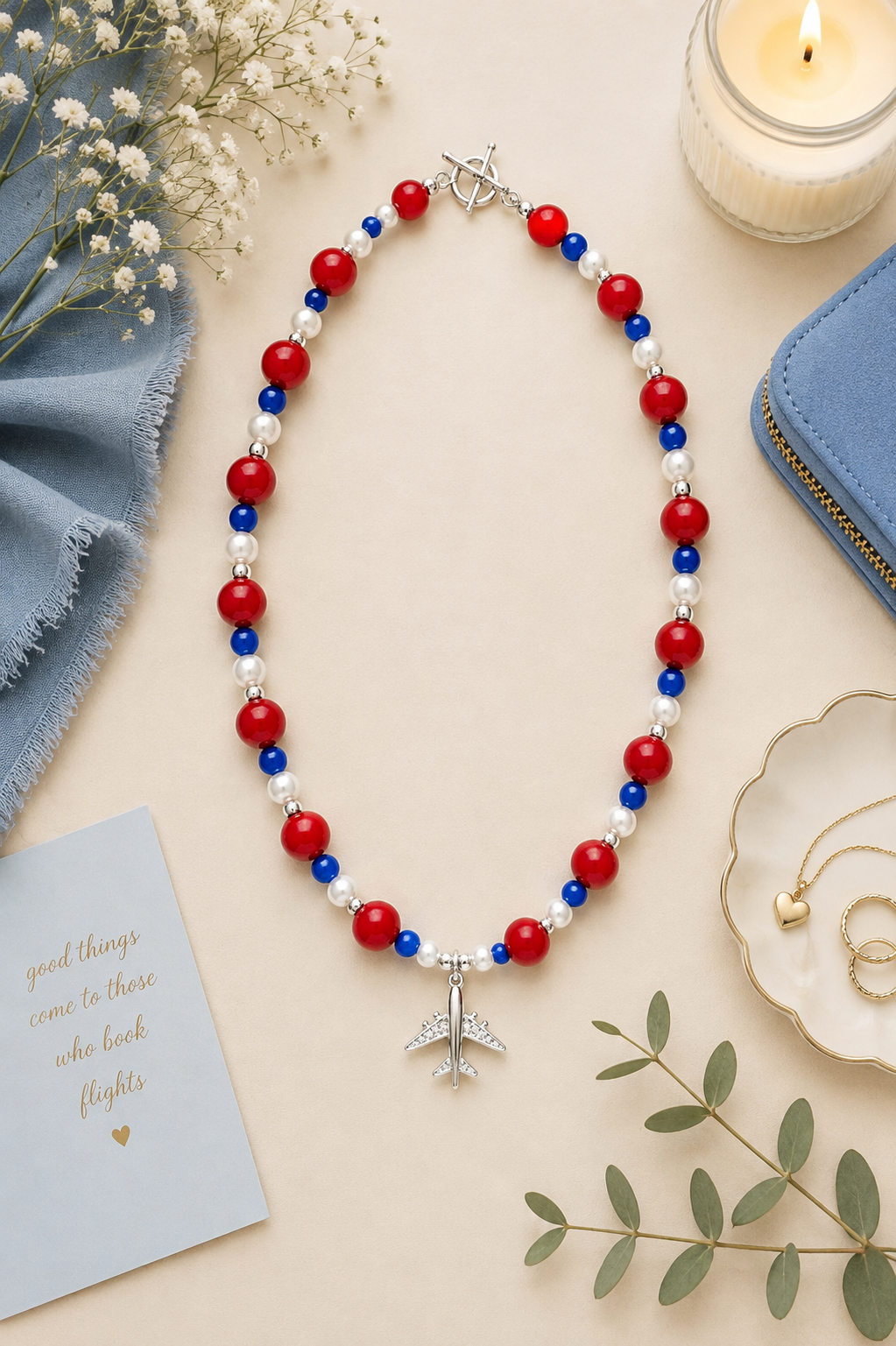 Red, Blue, & Pearl Airplane Necklace