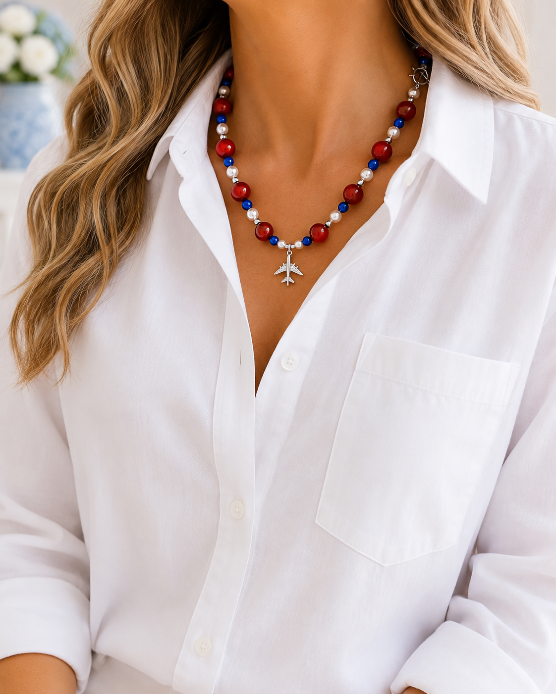 Red, Blue, & Pearl Airplane Necklace